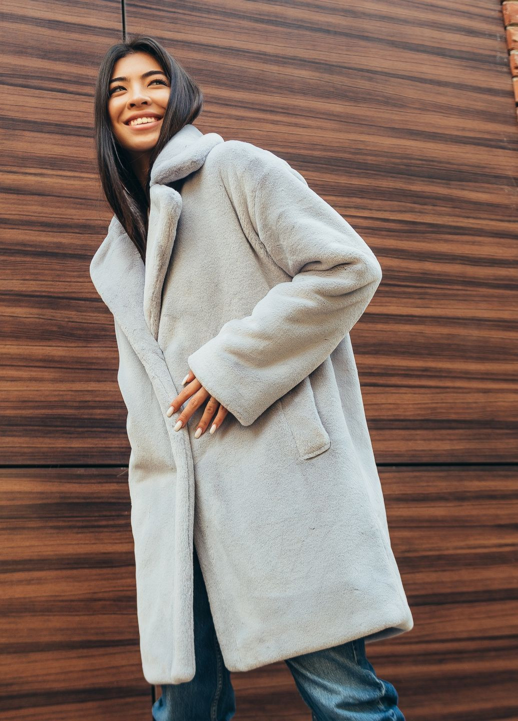 Шуба оверсайз із французького еко хутра 401 сіра